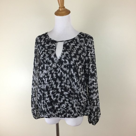 Vince Camuto black white print keyhole faux wrap blouse shirt top Women's XS - Picture 1 of 8
